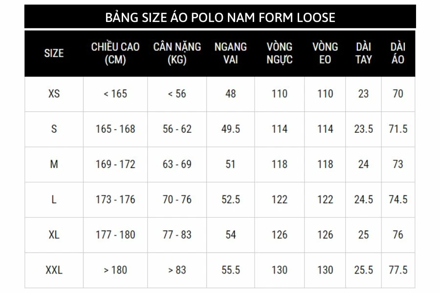 ảng size áo polo nam form Loose