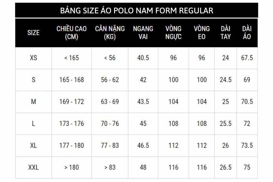 Bảng size áo polo nam form Regular